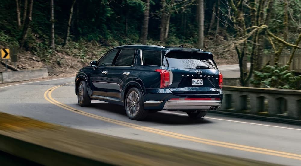 A blue 2025 Hyundai Palisade is shown from the rear at an angle after leaving a Hyundai dealer near Rehoboth.