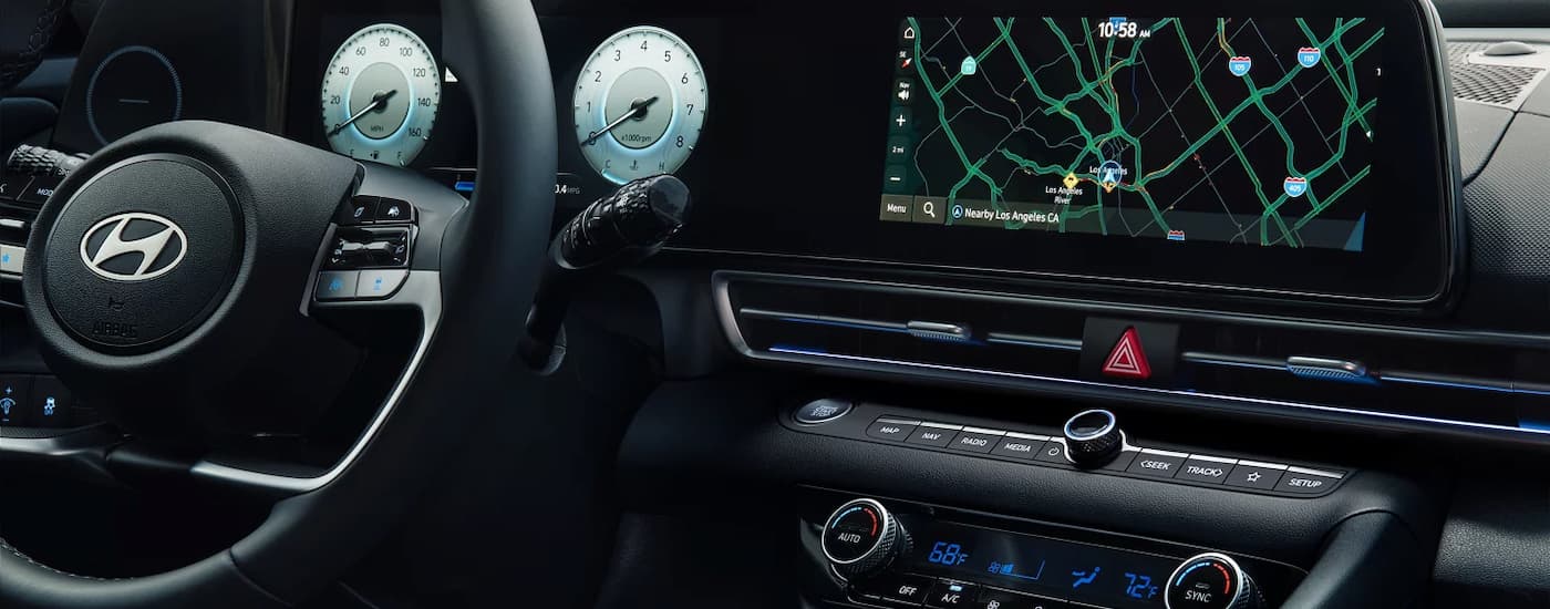 The steering wheel and infotainment screen in a 2025 Hyundai Elantra Limited.
